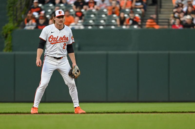 Apr 16, 2024; Baltimore, Maryland, USA; Baltimore Orioles shortstop Gunnar Henderson (2) stands in his defensive position during the second inning against the Minnesota Twins  at Oriole Park at Camden Yards. Mandatory Credit: Tommy Gilligan-USA TODAY Sports