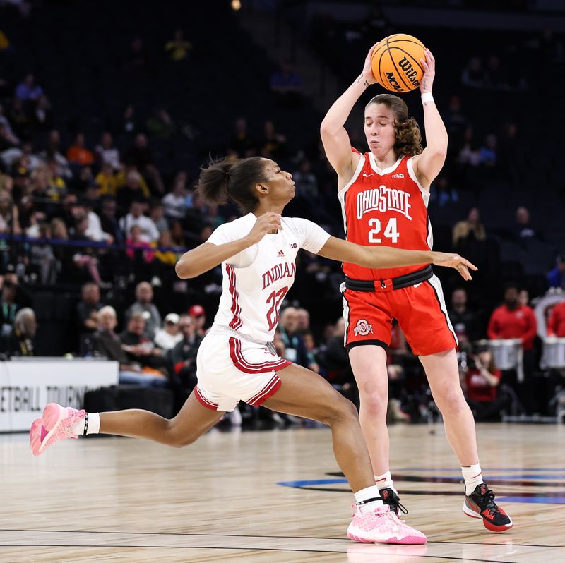 Mar 4, 2023; Minneapolis, MINN, USA; Ohio State Buckeyes guard Taylor Mikesell (24) looks to pass while Indiana Hoosiers guard Chloe Moore-McNeil (22) defends during the first half at Target Center. Mandatory Credit: Matt Krohn-USA TODAY Sports