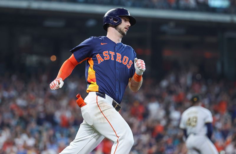 May 19, 2024; Houston, Texas, USA; Houston Astros right fielder Kyle Tucker (30) runs to first base on a home run during the sixth inning against the Milwaukee Brewers at Minute Maid Park. Mandatory Credit: Troy Taormina-USA TODAY Sports