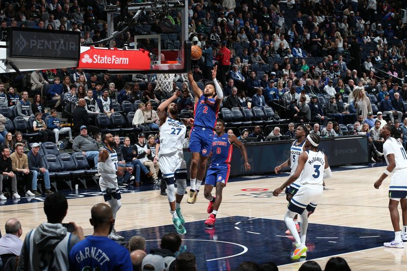 MINNEAPOLIS, MN -  MARCH 27: Cade Cunningham #2 of the Detroit Pistons drives to the basket during the game against the Minnesota Timberwolves on March 27, 2024 at Target Center in Minneapolis, Minnesota. NOTE TO USER: User expressly acknowledges and agrees that, by downloading and or using this Photograph, user is consenting to the terms and conditions of the Getty Images License Agreement. Mandatory Copyright Notice: Copyright 2024 NBAE (Photo by David Sherman/NBAE via Getty Images)