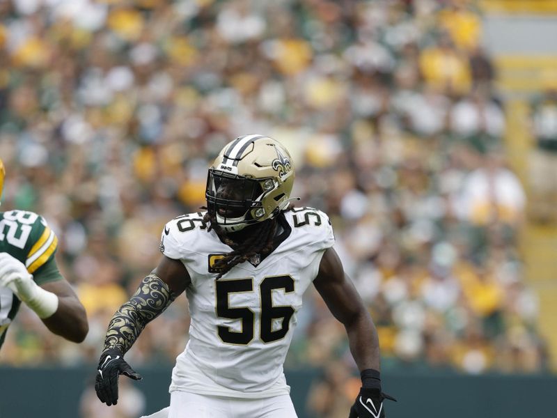 New Orleans Saints linebacker Demario Davis (56) during a NFL football game against the Green Bay Packers Sunday, Sept. 24, 2023, in Green Bay, Wis. (AP Photo/Jeffrey Phelps)