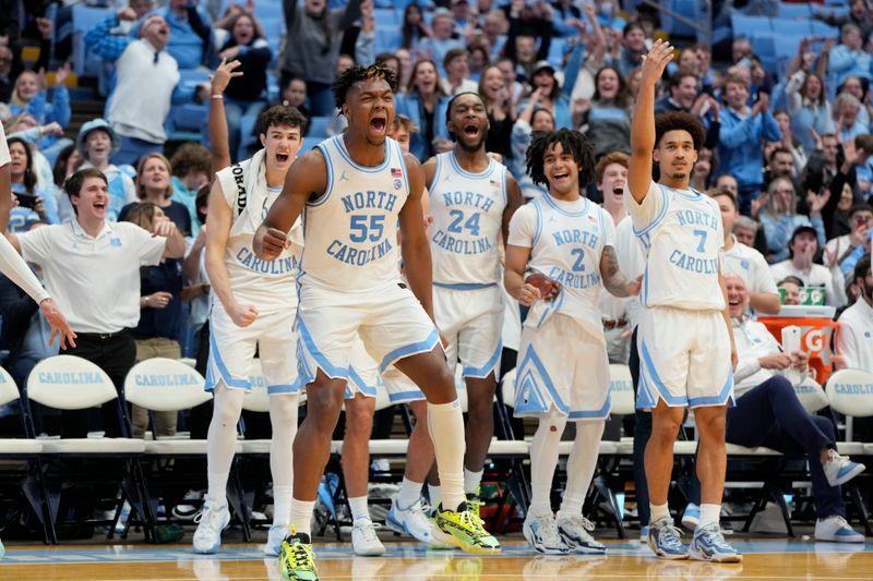 Jan 13, 2024; Chapel Hill, North Carolina, USA;  North Carolina Tar Heels bench including forward Harrison Ingram (55) reacts in the second half at Dean E. Smith Center. Mandatory Credit: Bob Donnan-USA TODAY Sports