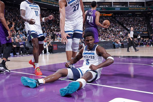 SACRAMENTO, CA - DECEMBER 23: Anthony Edwards #5 of the Minnesota Timberwolves celebrates during the game against the Sacramento Kings on December 23, 2023 at Golden 1 Center in Sacramento, California. NOTE TO USER: User expressly acknowledges and agrees that, by downloading and or using this Photograph, user is consenting to the terms and conditions of the Getty Images License Agreement. Mandatory Copyright Notice: Copyright 2023 NBAE (Photo by Rocky Widner/NBAE via Getty Images)