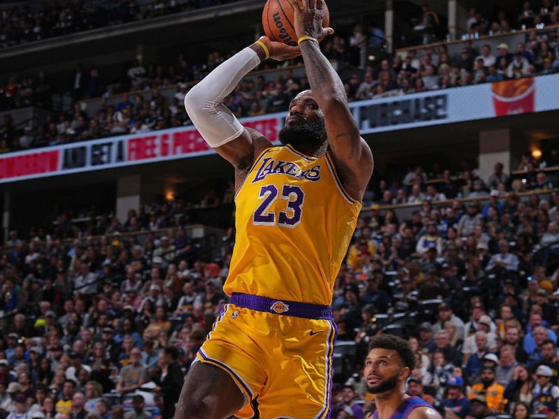 DENVER, CO - OCTOBER 24: LeBron James #23 of the Los Angeles Lakers shoots the ball during the game against the Denver Nuggets on October 24, 2023 at the Ball Arena in Denver, Colorado. NOTE TO USER: User expressly acknowledges and agrees that, by downloading and/or using this Photograph, user is consenting to the terms and conditions of the Getty Images License Agreement. Mandatory Copyright Notice: Copyright 2023 NBAE (Photo by Bart Young/NBAE via Getty Images)