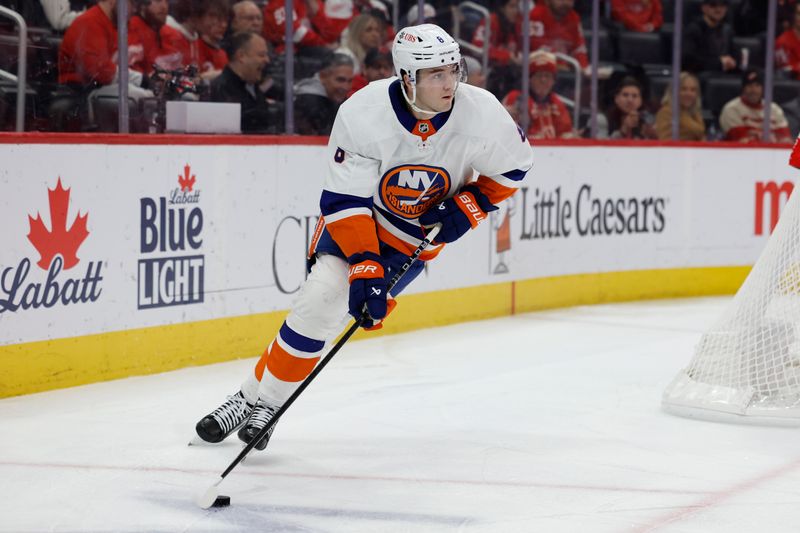 Feb 29, 2024; Detroit, Michigan, USA;  New York Islanders defenseman Noah Dobson (8) skates with the puck in the second period against the Detroit Red Wings at Little Caesars Arena. Mandatory Credit: Rick Osentoski-USA TODAY Sports