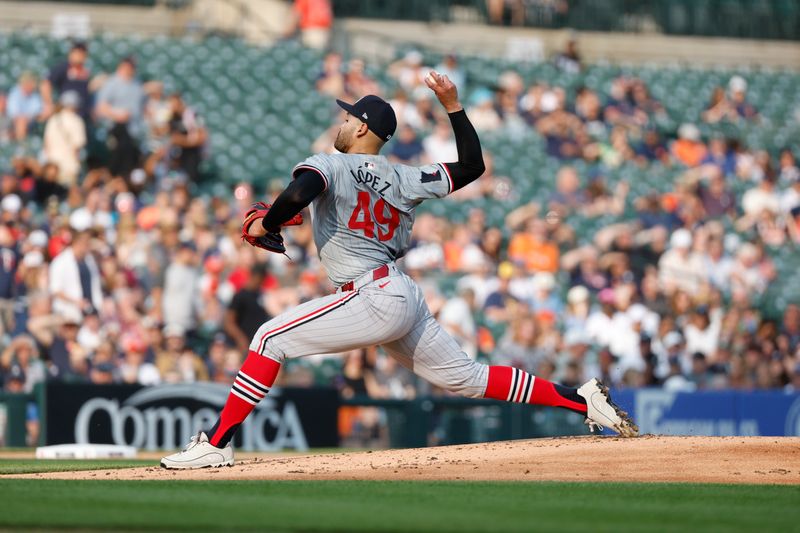 Jul 26, 2024; Detroit, Michigan, USA Minnesota Twins starting pitcher Pablo López (49) throws during the first inning of the game against the Detroit Tigers at Comerica Park. Mandatory Credit: Brian Bradshaw Sevald-USA TODAY Sports