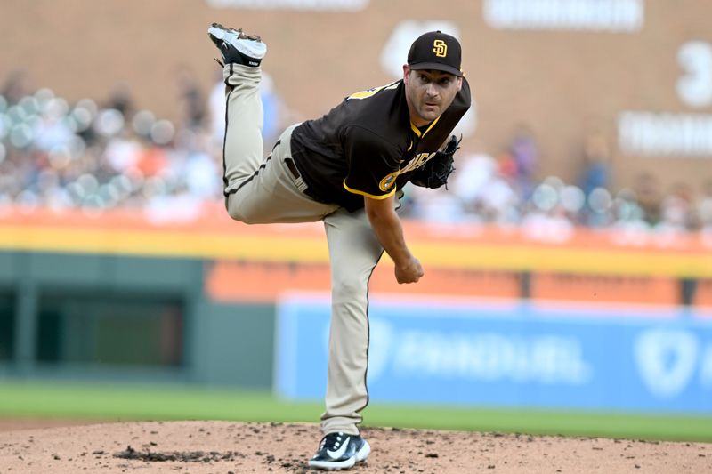 Jul 21, 2023; Detroit, Michigan, USA;  San Diego Padres starting pitcher Seth Lugo (67) throws a pitch against the Detroit Tigers in the second inning at Comerica Park. Mandatory Credit: Lon Horwedel-USA TODAY Sports