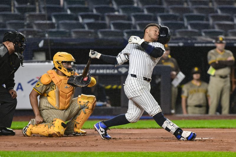 May 5, 2025; Bronx, New York, USA; New York Yankees second baseman Jorbit Vivas (90) strikes out against the San Diego Padres during the fourth inning at Yankee Stadium. Mandatory Credit: John Jones-Imagn Images