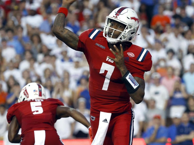 Sep 4, 2021; Gainesville, Florida, USA; Florida Atlantic Owls quarterback N Kosi Perry (7) passes the ball against the Florida Gators during the first quarter at Ben Hill Griffin Stadium. Mandatory Credit: Kim Klement-USA TODAY Sports