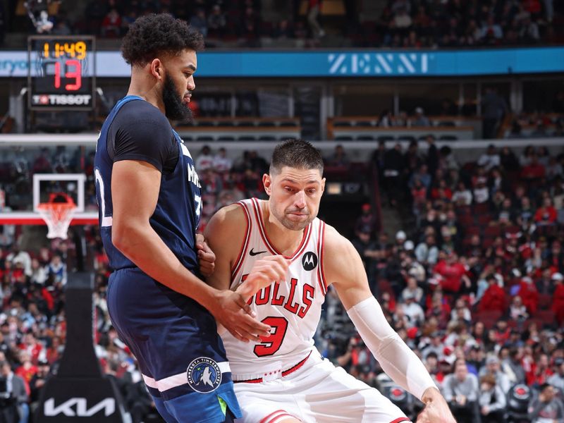 CHICAGO, IL - FEBRUARY 6: Nikola Vucevic #9 of the Chicago Bulls handles the ball during the game against the Minnesota Timberwolves on February 6, 2024 at United Center in Chicago, Illinois. NOTE TO USER: User expressly acknowledges and agrees that, by downloading and or using this photograph, User is consenting to the terms and conditions of the Getty Images License Agreement. Mandatory Copyright Notice: Copyright 2024 NBAE (Photo by Jeff Haynes/NBAE via Getty Images)