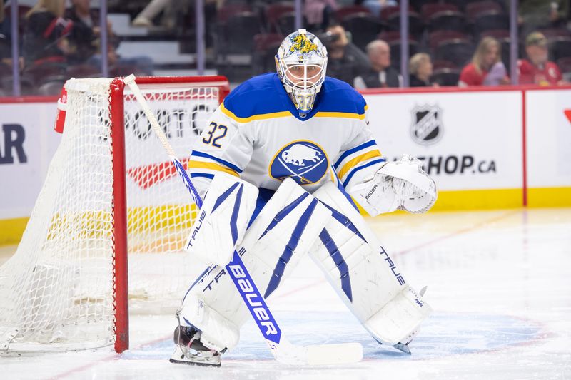 Sep 26, 2024; Ottawa, Ontario, CAN; Buffalo Sabres goalie Felix Sandstrom (32) warms up prior to the start of the first period against the Ottawa Senators at the Canadian Tire Centre. Mandatory Credit: Marc DesRosiers-Imagn Images