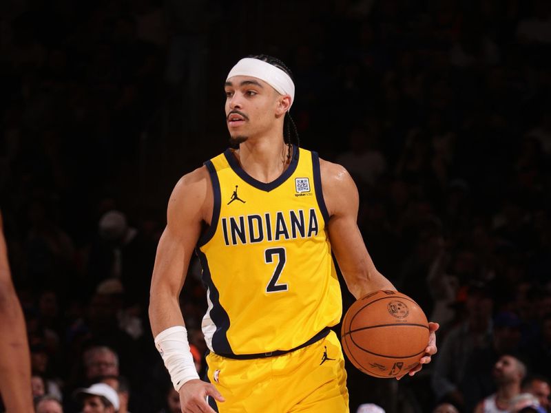 NEW YORK, NY - MAY 23: Andrew Nembhard #2 of the Indiana Pacers brings the ball up court during the game against the New York Knicks during Game 2 of the 2025 Eastern Conference Finals on May 23, 2025 at Madison Square Garden in New York City, New York. NOTE TO USER: User expressly acknowledges and agrees that, by downloading and or using this photograph, User is consenting to the terms and conditions of the Getty Images License Agreement. Mandatory Copyright Notice: Copyright 2025 NBAE(Photo by Nathaniel S. Butler/NBAE via Getty Images)