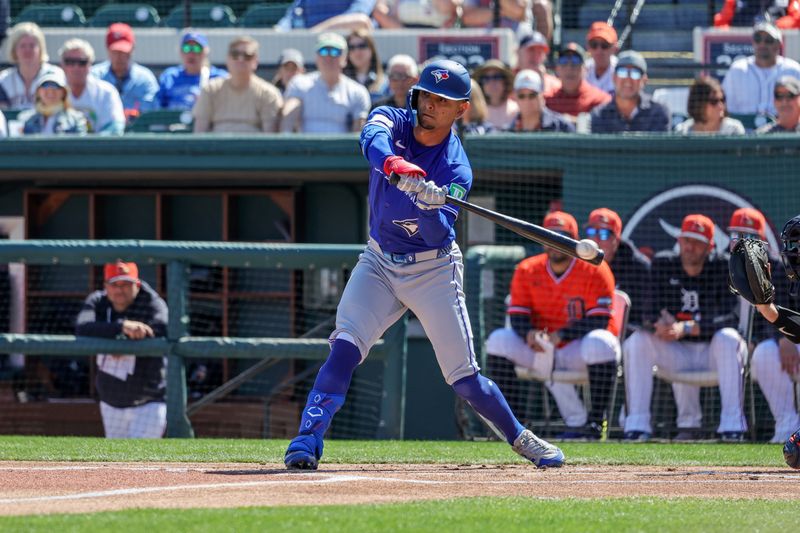 Feb 25, 2026; Lakeland, Florida, USA; Toronto Blue Jays shortstop Andrés Giménez (0) bats during the first inning against the Detroit Tigers at Publix Field at Joker Marchant Stadium. Mandatory Credit: Mike Watters-Imagn Images