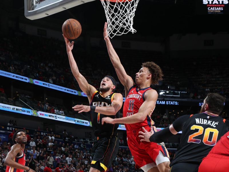 NEW ORLEANS, LA - APRIL 1: Devin Booker #1 of the Phoenix Suns shoots the ball during the game against the New Orleans Pelicans on April 1, 2024 at the Smoothie King Center in New Orleans, Louisiana. NOTE TO USER: User expressly acknowledges and agrees that, by downloading and or using this Photograph, user is consenting to the terms and conditions of the Getty Images License Agreement. Mandatory Copyright Notice: Copyright 2024 NBAE (Photo by Layne Murdoch Jr./NBAE via Getty Images)