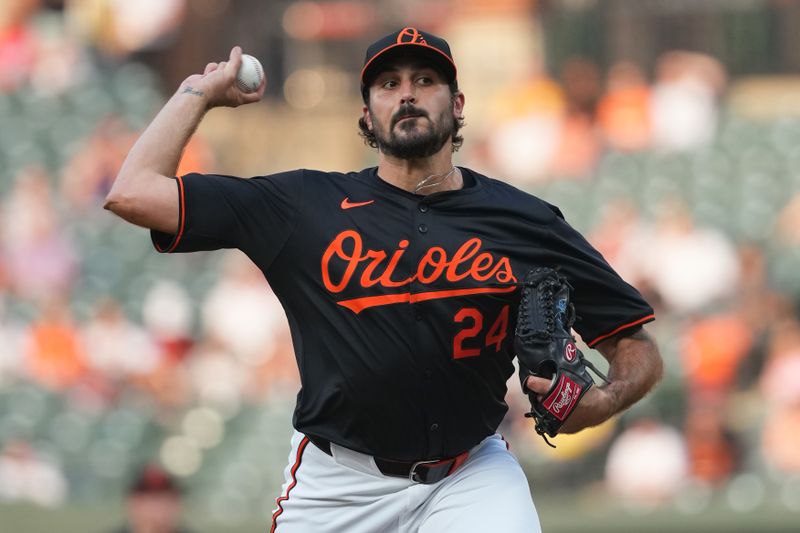 Aug 15, 2024; Baltimore, Maryland, USA; Baltimore Orioles pitcher Zach Eflin (24) delivers in the first inning against the Boston Red Sox at Oriole Park at Camden Yards. Mandatory Credit: Mitch Stringer-USA TODAY Sports