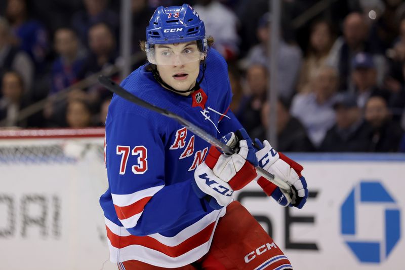 Mar 26, 2024; New York, New York, USA; New York Rangers center Matt Rempe (73) skates against the Philadelphia Flyers during the second period at Madison Square Garden. Mandatory Credit: Brad Penner-USA TODAY Sports