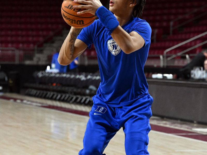 Jan 7, 2023; Chestnut Hill, Massachusetts, USA; Duke Blue Devils guard Tyrese Proctor (5) during warmups before a game against the Boston College Eagles at the Conte Forum. Mandatory Credit: Brian Fluharty-USA TODAY Sports