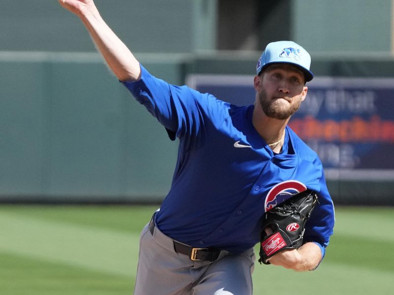 Mar 3, 2025; Salt River Pima-Maricopa, Arizona, USA; Chicago Cubs pitcher Caleb Kilian throws against the Arizona Diamondbacks in the first inning at Salt River Fields at Talking Stick. Mandatory Credit: Rick Scuteri-Imagn Images