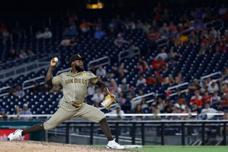 Jul 24, 2024; Washington, District of Columbia, USA; San Diego Padres pitcher Enyel De Los Santos (62) pitches against the Washington Nationals during the ninth inning at Nationals Park. Mandatory Credit: Geoff Burke-USA TODAY Sports