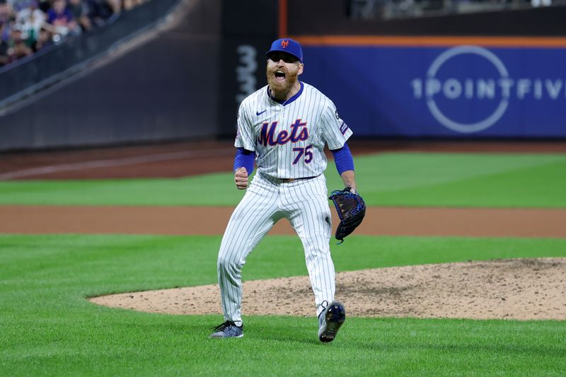 Sep 16, 2024; New York City, New York, USA; New York Mets relief pitcher Reed Garrett (75) reacts during the tenth inning against the Washington Nationals at Citi Field. Mandatory Credit: Brad Penner-Imagn Images