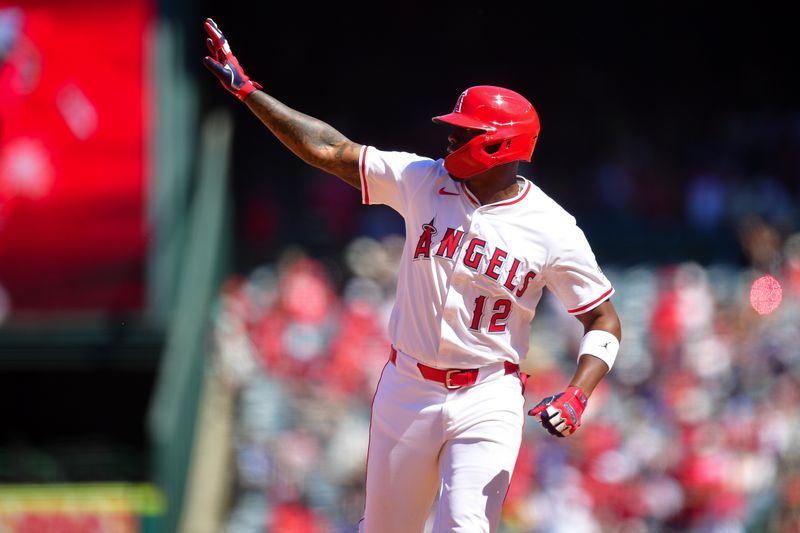 Apr 6, 2025; Anaheim, California, USA; Los Angeles Angels right fielder Jorge Soler (12) rounds the bases after hitting a solo home run against the Cleveland Guardians during the sixth inning at Angel Stadium. Mandatory Credit: Gary A. Vasquez-Imagn Images