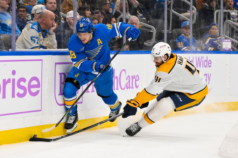 Dec 15, 2025; St. Louis, Missouri, USA; St. Louis Blues center Robert Thomas (18) and Nashville Predators defenseman Nicolas Hague (41) battle for the puck during the second period at Enterprise Center. Mandatory Credit: Jeff Curry-Imagn Images