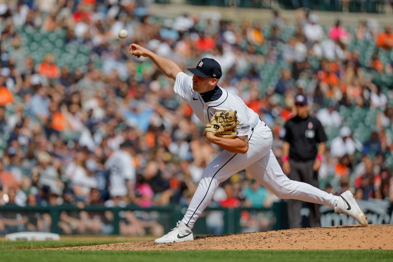May 12, 2024; Detroit, Michigan, USA;  Detroit Tigers relief pitcher Alex Lange (55) pitches in the eighth inning against the Houston Astros at Comerica Park. Mandatory Credit: Rick Osentoski-USA TODAY Sports