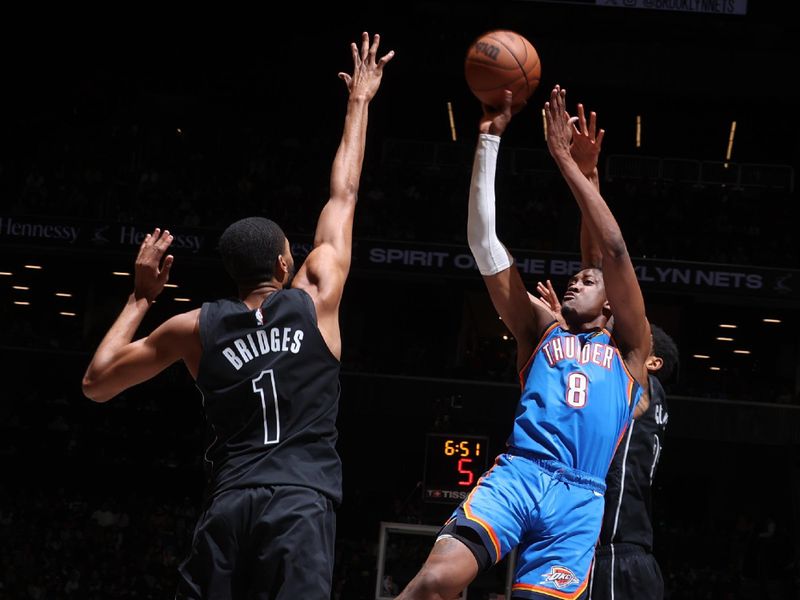 BROOKLYN, NY - JANUARY 5: Jalen Williams #8 of the Oklahoma City Thunder shoots the ball during the game  on January 5, 2024 at Barclays Center in Brooklyn, New York. NOTE TO USER: User expressly acknowledges and agrees that, by downloading and or using this Photograph, user is consenting to the terms and conditions of the Getty Images License Agreement. Mandatory Copyright Notice: Copyright 2024 NBAE (Photo by Nathaniel S. Butler/NBAE via Getty Images)