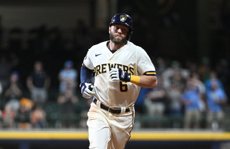 May 23, 2023; Milwaukee, Wisconsin, USA; Milwaukee Brewers second baseman Owen Miller (6) rounds the bases after hitting a home run against the Houston Astros at American Family Field. Mandatory Credit: Michael McLoone-USA TODAY Sports