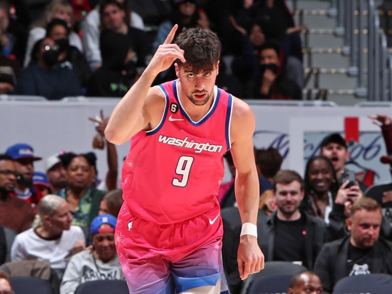 WASHINGTON, DC -? MARCH 24:  Deni Avdija #9 of the Washington Wizards reacts during the game against the San Antonio Spurs on March 24, 2023 at Capital One Arena in Washington, DC. NOTE TO USER: User expressly acknowledges and agrees that, by downloading and or using this photograph, user is consenting to the terms and conditions of the Getty Images License Agreement. Mandatory Copyright Notice: Copyright 2023 NBAE (Photo by Kenny Giarla/NBAE via Getty Images)