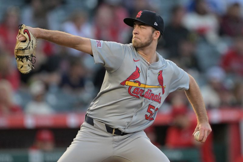 May 13, 2024; Anaheim, California, USA; St. Louis Cardinals relief pitcher Matthew Liberatore (52) delivers to the plate in the second inning against the Los Angeles Angels at Angel Stadium. Mandatory Credit: Jayne Kamin-Oncea-USA TODAY Sports