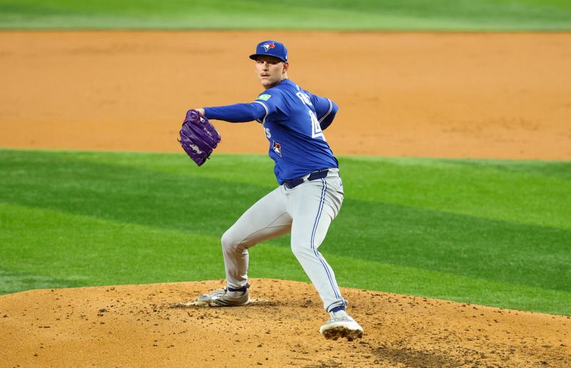 May 27, 2025; Arlington, Texas, USA; Toronto Blue Jays starting pitcher Bowden Francis (44) throws during the third inning against the Texas Rangers at Globe Life Field. Mandatory Credit: Kevin Jairaj-Imagn Images