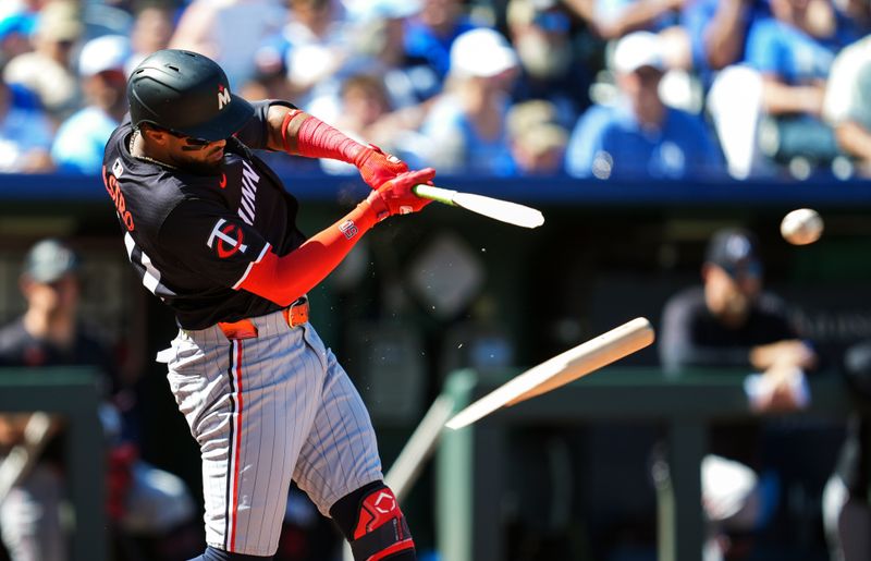 Sep 8, 2024; Kansas City, Missouri, USA; Minnesota Twins center fielder Willi Castro (50) breaks his bat while batting during the eighth inning against the Kansas City Royals at Kauffman Stadium. Mandatory Credit: Jay Biggerstaff-Imagn Images