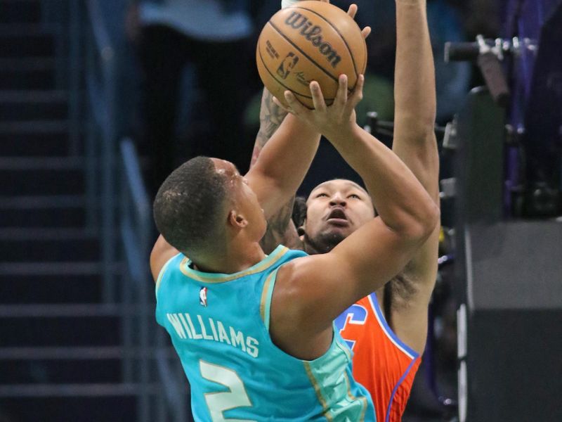 CHARLOTTE, NC - APRIL 7: Grant Williams #2 of the Charlotte Hornets shoots the ball during the game against the Oklahoma City Thunder on April 7, 2024 at Spectrum Center in Charlotte, North Carolina. NOTE TO USER: User expressly acknowledges and agrees that, by downloading and or using this photograph, User is consenting to the terms and conditions of the Getty Images License Agreement.  Mandatory Copyright Notice:  Copyright 2024 NBAE (Photo by Brock Williams-Smith/NBAE via Getty Images)