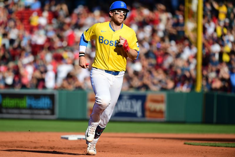 Aug 10, 2024; Boston, Massachusetts, USA;  Boston Red Sox catcher Danny Jansen (28) rounds the bases after hitting a home run during the fifth inning against the Houston Astros at Fenway Park. Mandatory Credit: Bob DeChiara-USA TODAY Sports