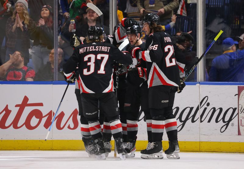 Mar 3, 2024; Buffalo, New York, USA;  Buffalo Sabres right wing JJ Peterka (77) celebrates his goal with teammates during the first period against the Winnipeg Jets at KeyBank Center. Mandatory Credit: Timothy T. Ludwig-USA TODAY Sports