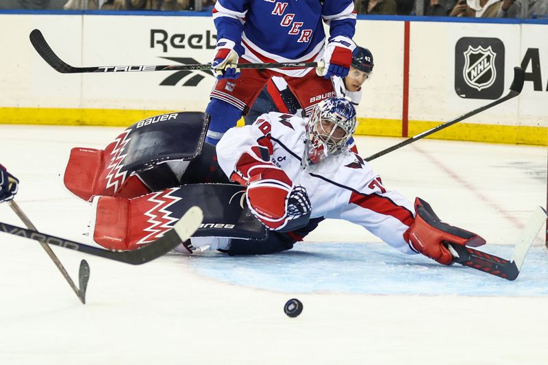 Oct 12, 2025; New York, New York, USA;  Washington Capitals goaltender Charlie Lindgren (79) defends the net in the second period against the New York Rangers at Madison Square Garden. Mandatory Credit: Wendell Cruz-Imagn Images