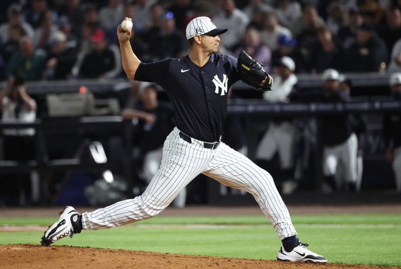 Mar 3, 2025; Tampa, Florida, USA; New York Yankees pitcher Carlos Carrasco (59) throws a pitch during the fourth inning against the Pittsburgh Pirates  at George M. Steinbrenner Field. Mandatory Credit: Kim Klement Neitzel-Imagn Images