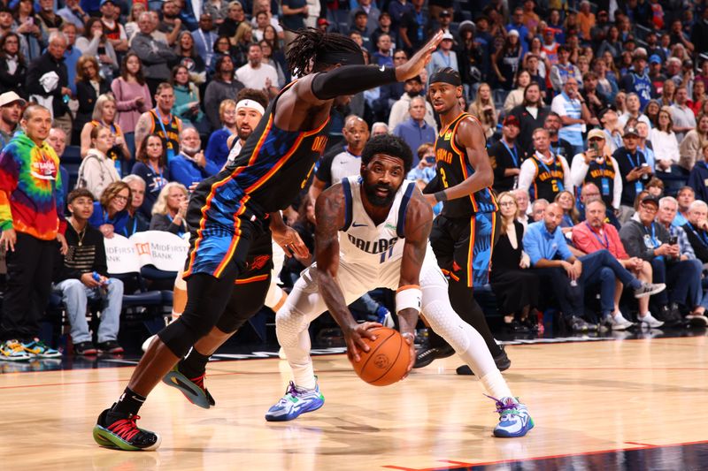 OKLAHOMA CITY, OK - NOVEMBER 17: Kyrie Irving #11 of the Dallas Mavericks handles the ball during the game against the Oklahoma City Thunder on November 17, 2024 at Paycom Center in Oklahoma City, Oklahoma. NOTE TO USER: User expressly acknowledges and agrees that, by downloading and or using this photograph, User is consenting to the terms and conditions of the Getty Images License Agreement. Mandatory Copyright Notice: Copyright 2024 NBAE (Photo by Zach Beeker/NBAE via Getty Images)