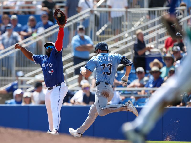 Mar 20, 2025; Dunedin, Florida, USA; Toronto Blue Jays first base Vladimir Guerrero Jr. (27) stretches ro the ball to get out Tampa Bay Rays outfielder Tristian Peters (73) in the fifth inning during spring training at TD Ballpark. Mandatory Credit: Nathan Ray Seebeck-Imagn Images