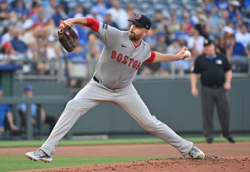 Aug 5, 2024; Kansas City, Missouri, USA;  Boston Red Sox starting pitcher James Paxton (65) delivers a pitch in the first inning the Kansas City Royals at Kauffman Stadium. Mandatory Credit: Peter Aiken-USA TODAY Sports
