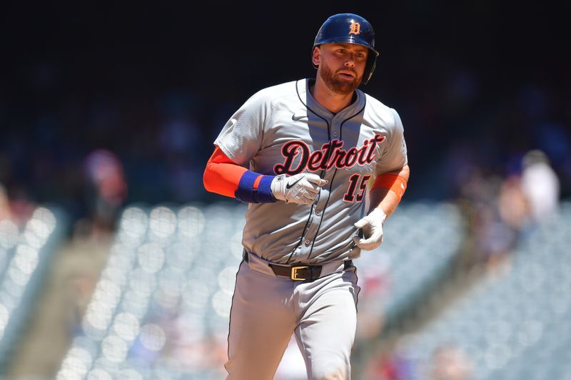 Jun 27, 2024; Anaheim, California, USA; Detroit Tigers catcher Carson Kelly (15) runs the bases after hitting a three run home run against the Los Angeles Angels during the fifth inning at Angel Stadium. Mandatory Credit: Gary A. Vasquez-USA TODAY Sports