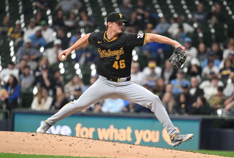 May 14, 2024; Milwaukee, Wisconsin, USA; Pittsburgh Pirates pitcher Quinn Priester (46) delivers a pitch against the Milwaukee Brewers in the sixth inning at American Family Field. Mandatory Credit: Michael McLoone-USA TODAY Sports