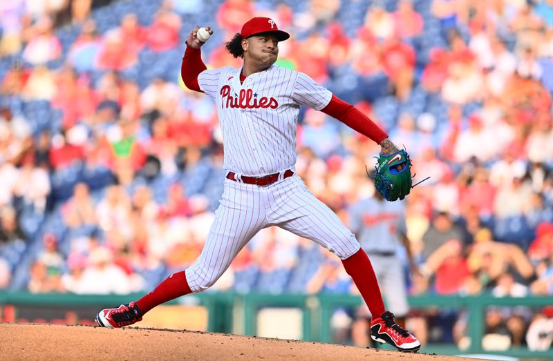 Jul 25, 2023; Philadelphia, Pennsylvania, USA; Philadelphia Phillies starting pitcher Taijuan Walker (99) throws a pitch against the Baltimore Orioles in the first inning at Citizens Bank Park. Mandatory Credit: Kyle Ross-USA TODAY Sports