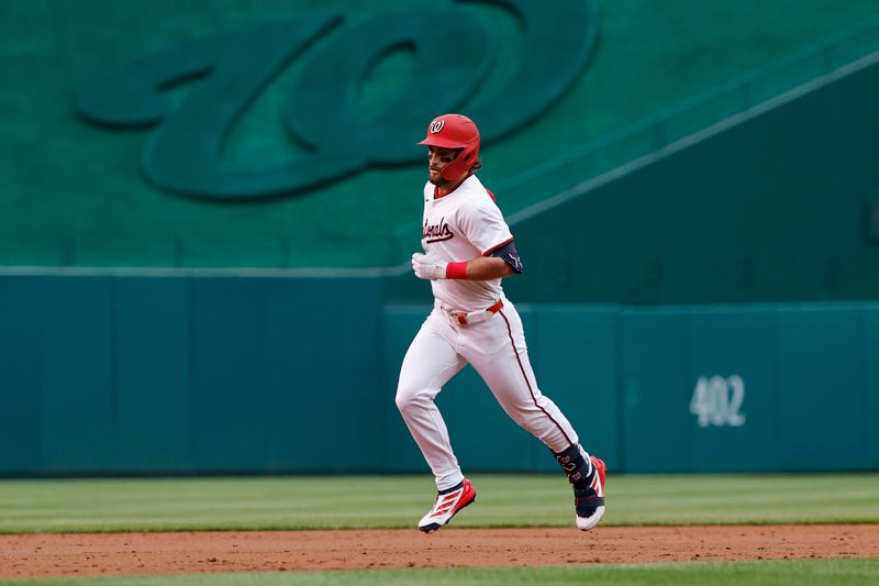 May 20, 2025; Washington, District of Columbia, USA; Washington Nationals outfielder Dylan Crews (3) rounds the bases after hitting a solo home run against the Atlanta Braves during the second inning at Nationals Park. Mandatory Credit: Geoff Burke-Imagn Images