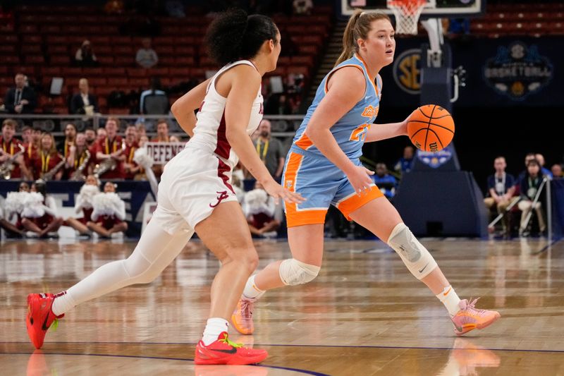 Mar 8, 2024; Greensville, SC, USA; Tennessee Lady Vols guard Tess Darby (21) dribbles against the Alabama Crimson Tide  during the second half at Bon Secours Wellness Arena. Mandatory Credit: Jim Dedmon-USA TODAY Sports