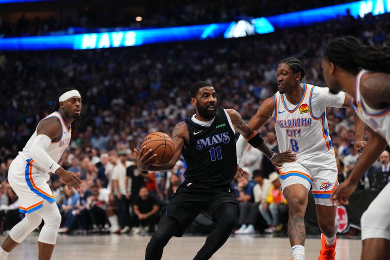 DALLAS, TX - MAY 18: Kyrie Irving #11 of the Dallas Mavericks drives to the basket during the game against the Oklahoma City Thunder during Round 2 Game 6 of the 2024 NBA Playoffs on May 18, 2024 at the American Airlines Center in Dallas, Texas. NOTE TO USER: User expressly acknowledges and agrees that, by downloading and or using this photograph, User is consenting to the terms and conditions of the Getty Images License Agreement. Mandatory Copyright Notice: Copyright 2024 NBAE (Photo by Cooper Neill/NBAE via Getty Images)