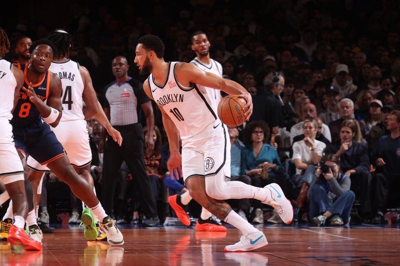 NEW YORK, NY - NOVEMBER 15: Ben Simmons #10 of the Brooklyn Nets dribbles the ball during the game against the New York Knicks during the Emirates NBA Cup game on November 15, 2024 at Madison Square Garden in New York City, New York.  NOTE TO USER: User expressly acknowledges and agrees that, by downloading and or using this photograph, User is consenting to the terms and conditions of the Getty Images License Agreement. Mandatory Copyright Notice: Copyright 2024 NBAE  (Photo by Nathaniel S. Butler/NBAE via Getty Images)