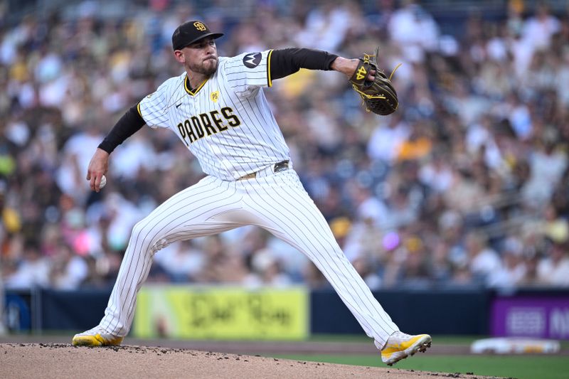 Aug 12, 2024; San Diego, California, USA; San Diego Padres starting pitcher Joe Musgrove (44) pitches against the Pittsburgh Pirates during the first inning at Petco Park. Mandatory Credit: Orlando Ramirez-USA TODAY Sports 