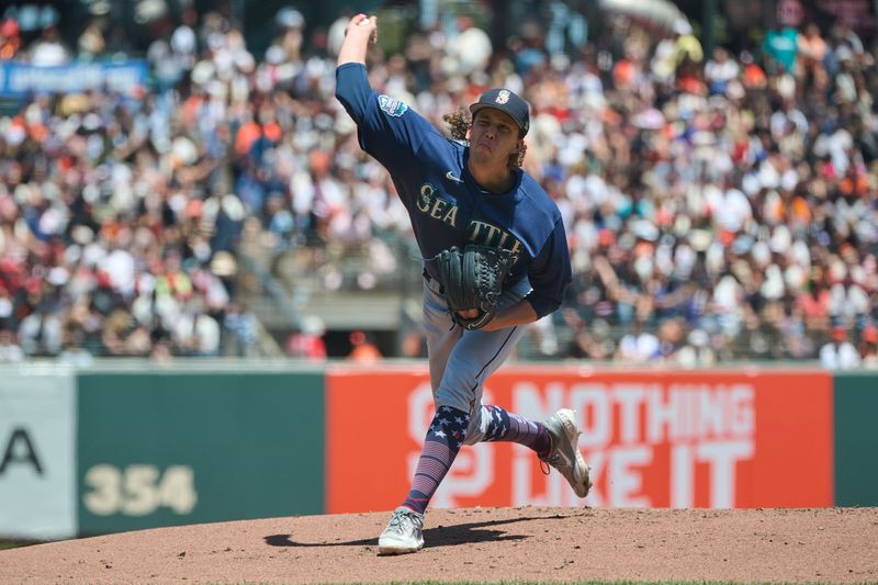 Jul 4, 2023; San Francisco, California, USA; Seattle Mariners pitcher Logan Gilbert (36) throws a pitch against the San Francisco Giants during the first inning at Oracle Park. Mandatory Credit: Robert Edwards-USA TODAY Sports